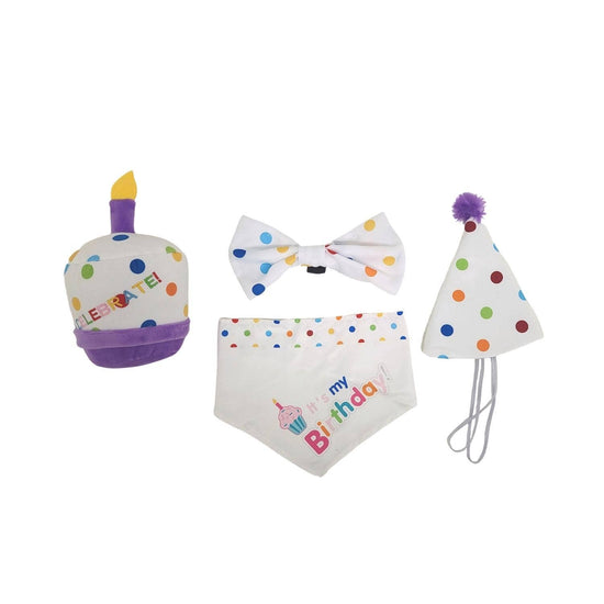 4-Piece Dog Birthday Kit: Bandana, Hat, Bow Tie, Plush Toy  Image