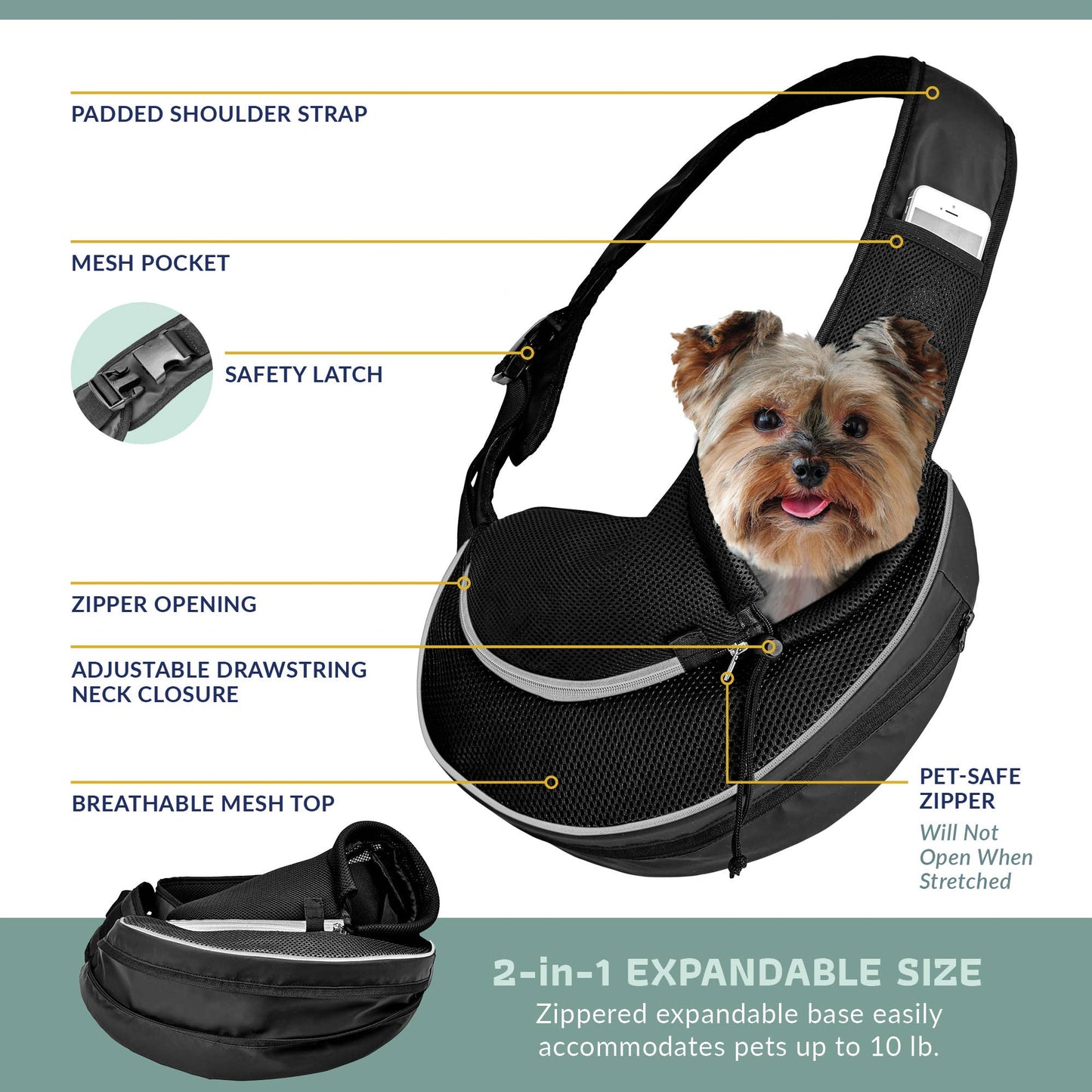 Katziela - Pet Carrier Expandable Sling For Small Dogs And Cats Black Image