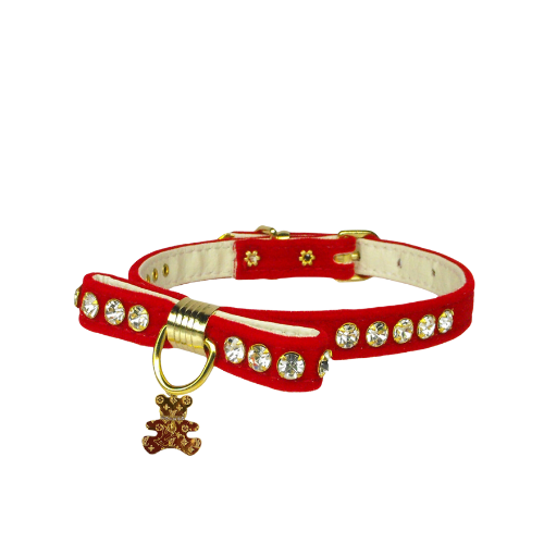 Bark Fifth Avenue - Velvet Bow Bear Charm Collar- Dog Collar Red Image