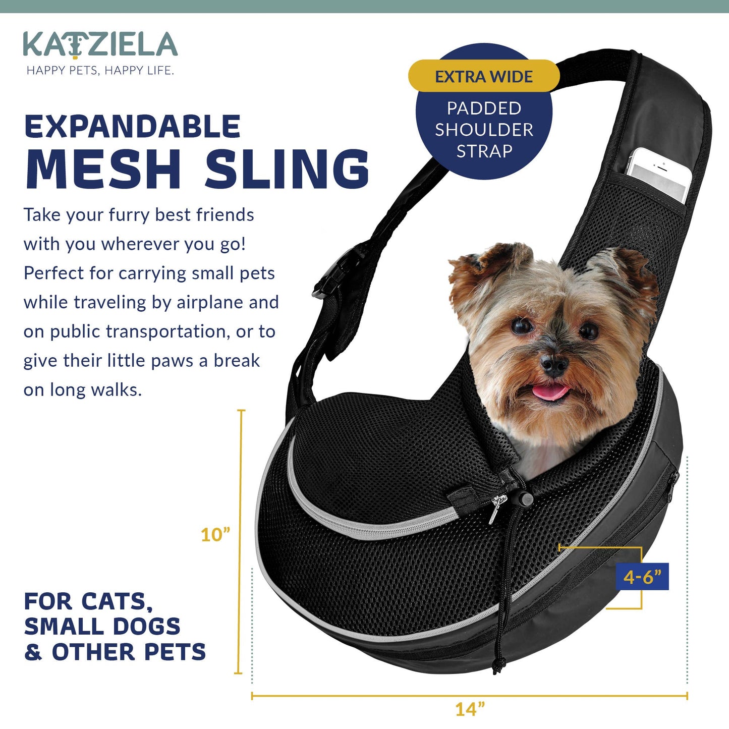 Katziela - Pet Carrier Expandable Sling For Small Dogs And Cats Black Image