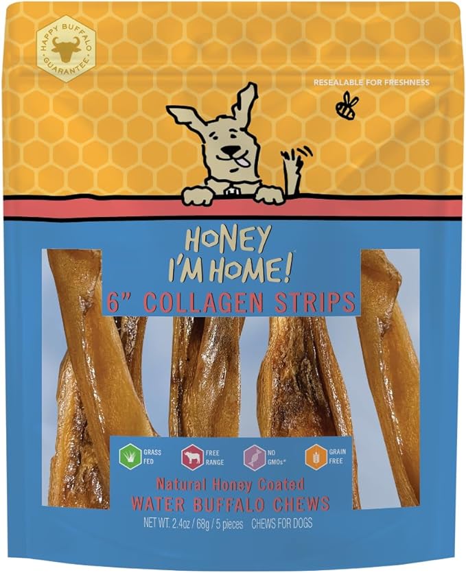 Honey I'm Home Natural Honey Coated 6" Collagen Strip Buffalo Chews, 5 Count  Image
