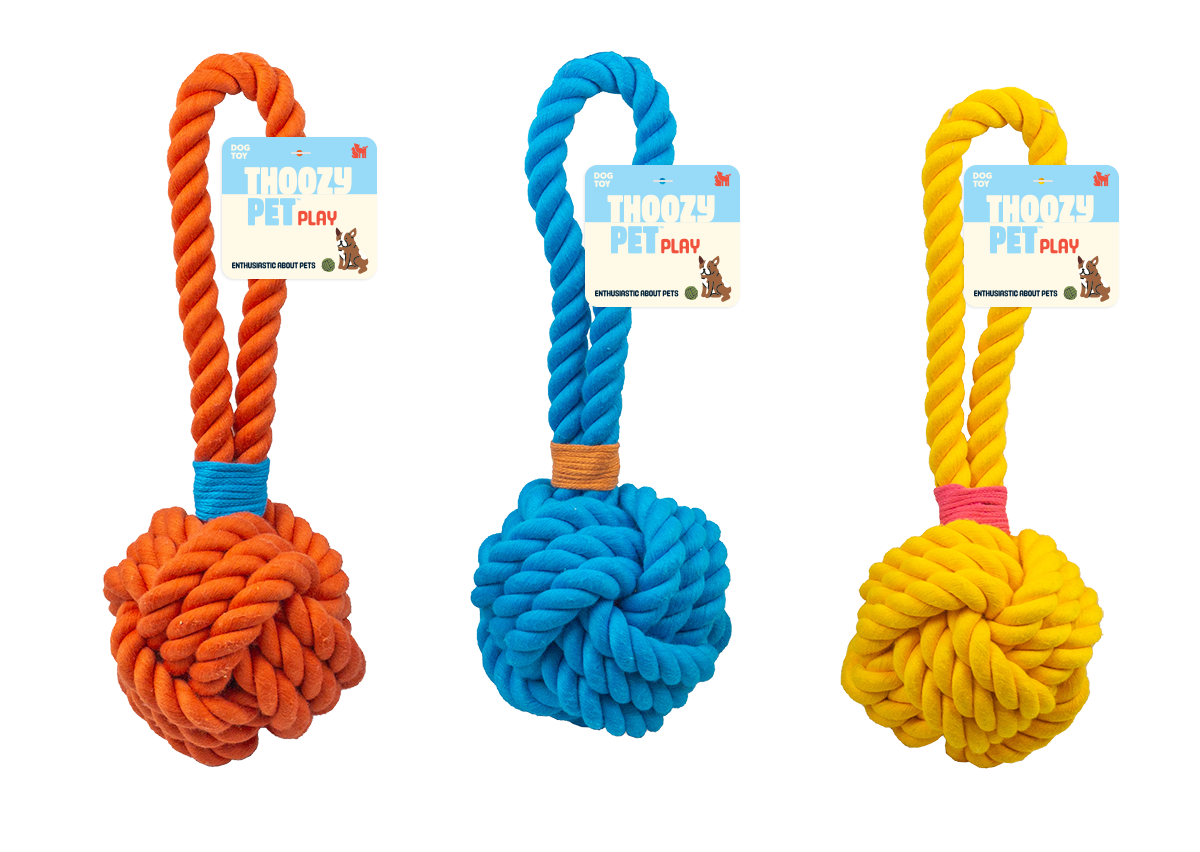 ThoozyPet Ball Tug Rope Dog Toy with Handle Orange 5" Image