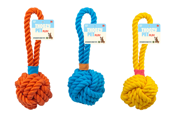 ThoozyPet Ball Tug Rope Dog Toy with Handle Orange 5" Image