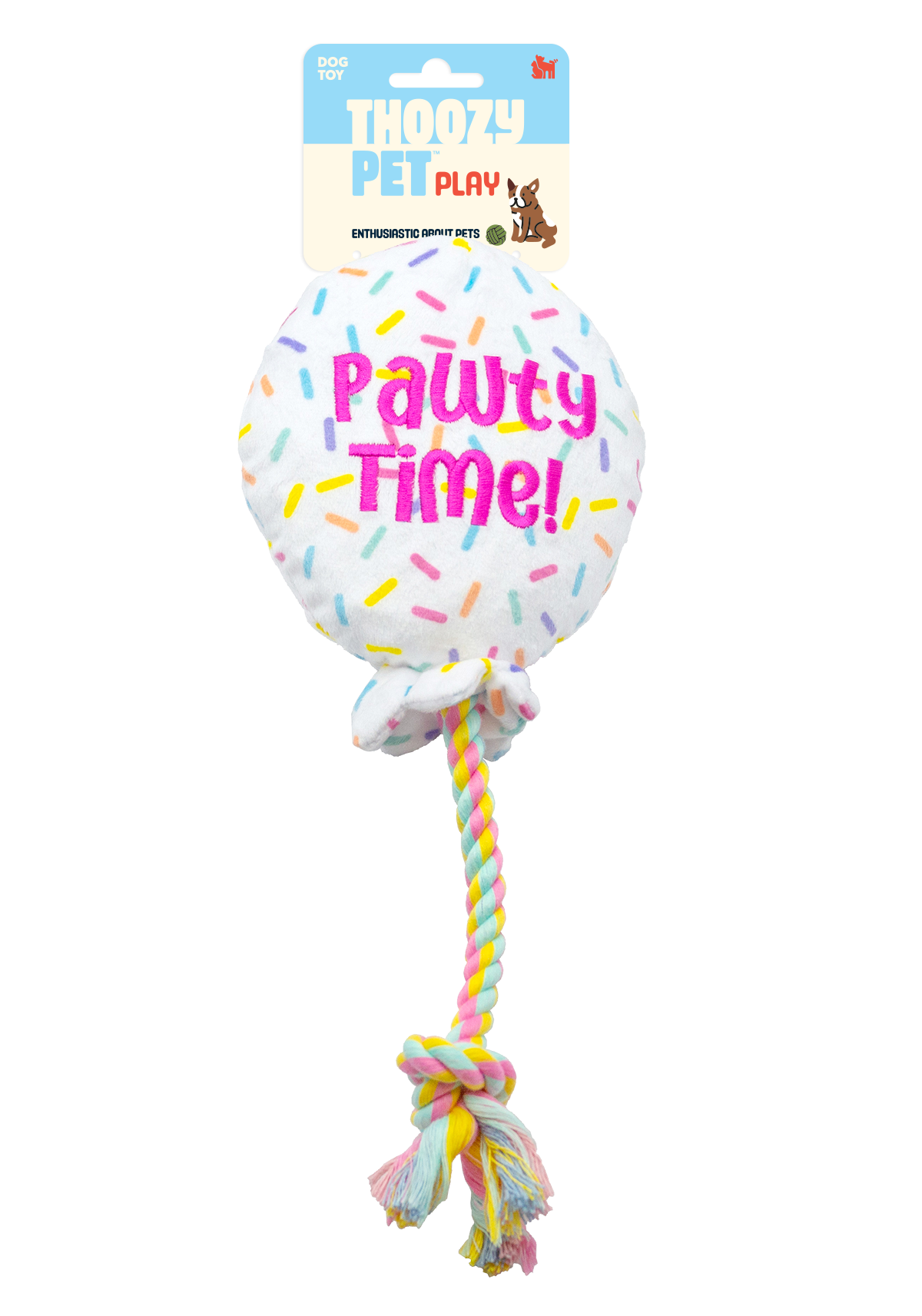 ThoozyPet Birthday Balloon Plush Dog Toy with Rope 7" Image
