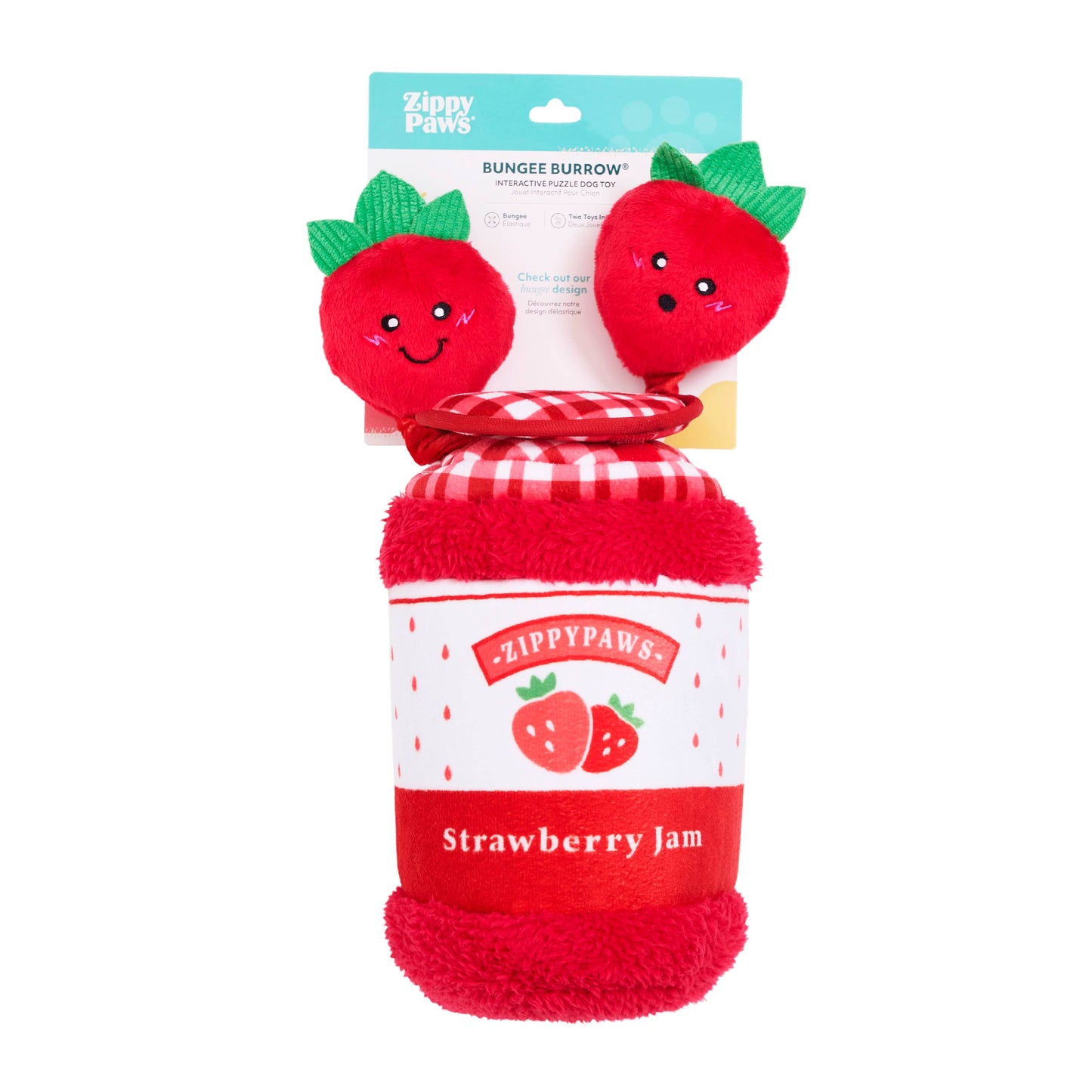 ZippyPaws Bungee Burrow Strawberry Jam Jar Plush Dog Toy Image