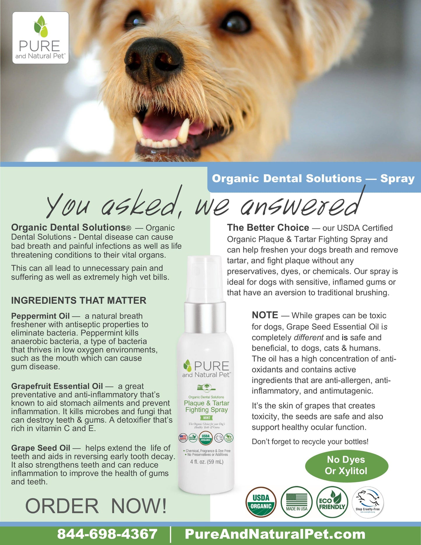 Pure and Natural Pet - Organic Plaque & Tartar Dental Control Breath Spray for Dogs  Image