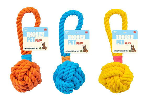 ThoozyPet Ball Tug Rope Dog Toy with Handle Blue 3" Image