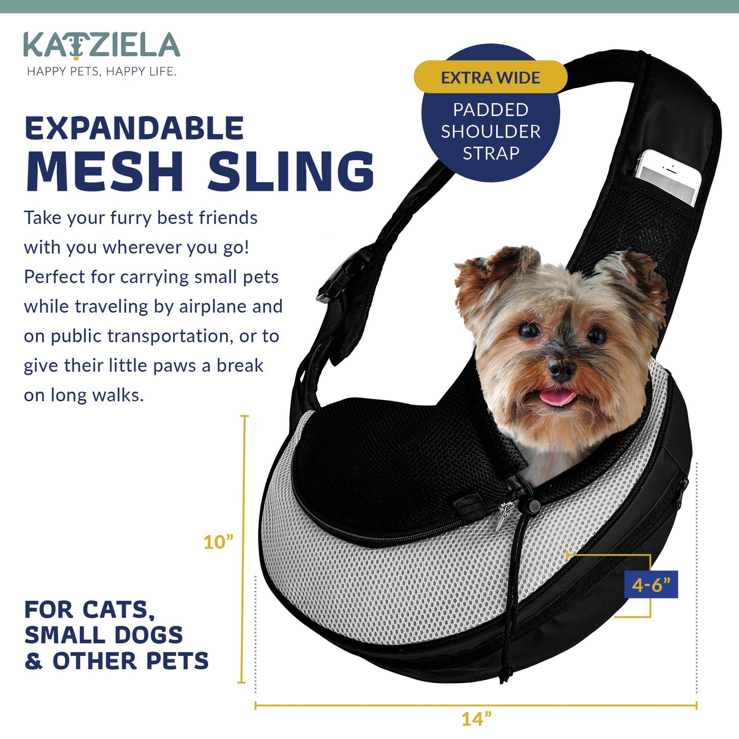 Katziela - Pet Carrier Expandable Sling For Small Dogs And Cats Black Image