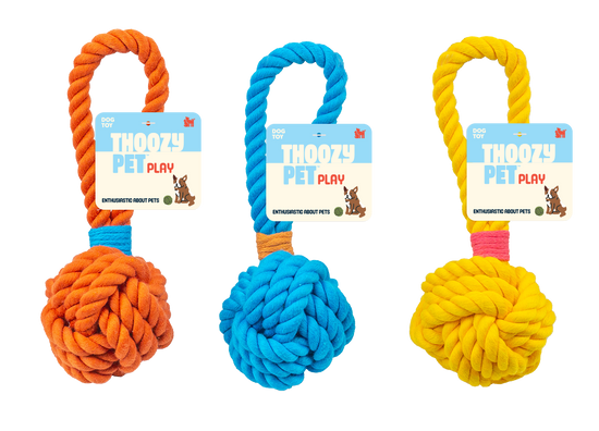 ThoozyPet Ball Tug Rope Dog Toy with Handle Yellow 3" Image