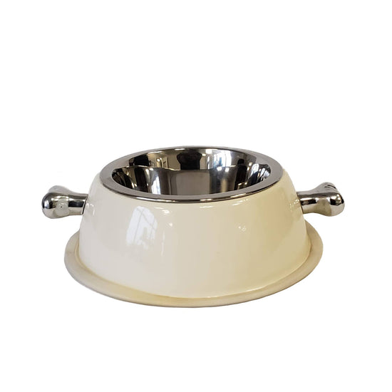 Load image into Gallery viewer, Deluxe Stainless Steel Dog Bowl with Bone Handles White Image
