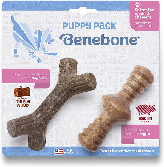 Load image into Gallery viewer, Benebone Puppy 2-Pack Chews Maplestick &amp;amp; Bacon Zaggler Image
