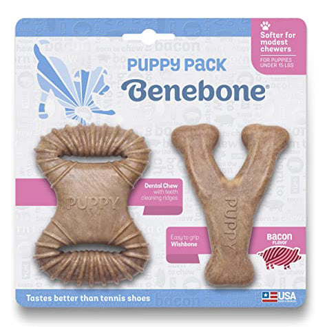Load image into Gallery viewer, Benebone Puppy 2-Pack Chews Bacon Dental Chew &amp;amp; Bacon Wishbone Image
