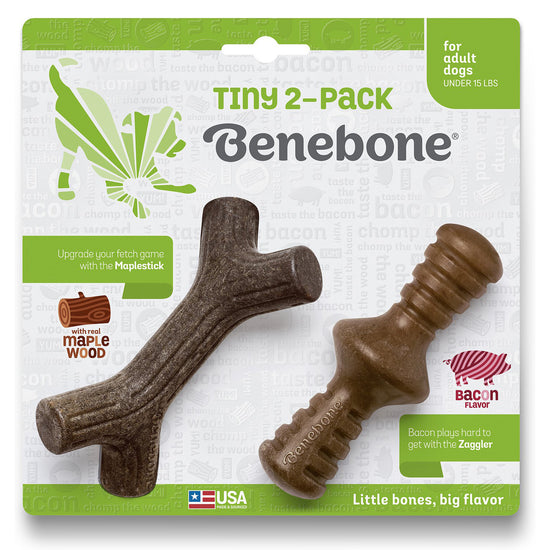 Load image into Gallery viewer, Benebone Tiny 2-Pack Chews Bacon Zaggler &amp;amp; Maplestick Image
