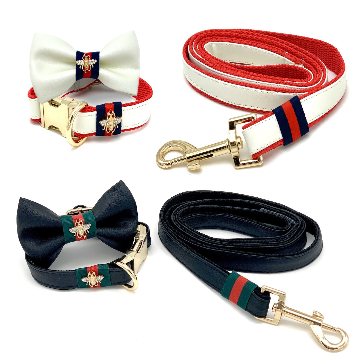 Load image into Gallery viewer, Designer Bee Collar, Leash, &amp;amp; Bow Tie Set Black Image
