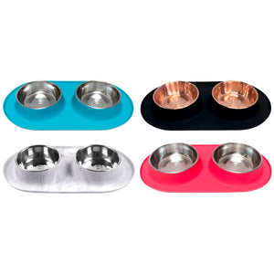 
            
                Load image into Gallery viewer, Messy Mutts Silicone Double Diner Black w/ Copper Finished Bowls Image
            
        